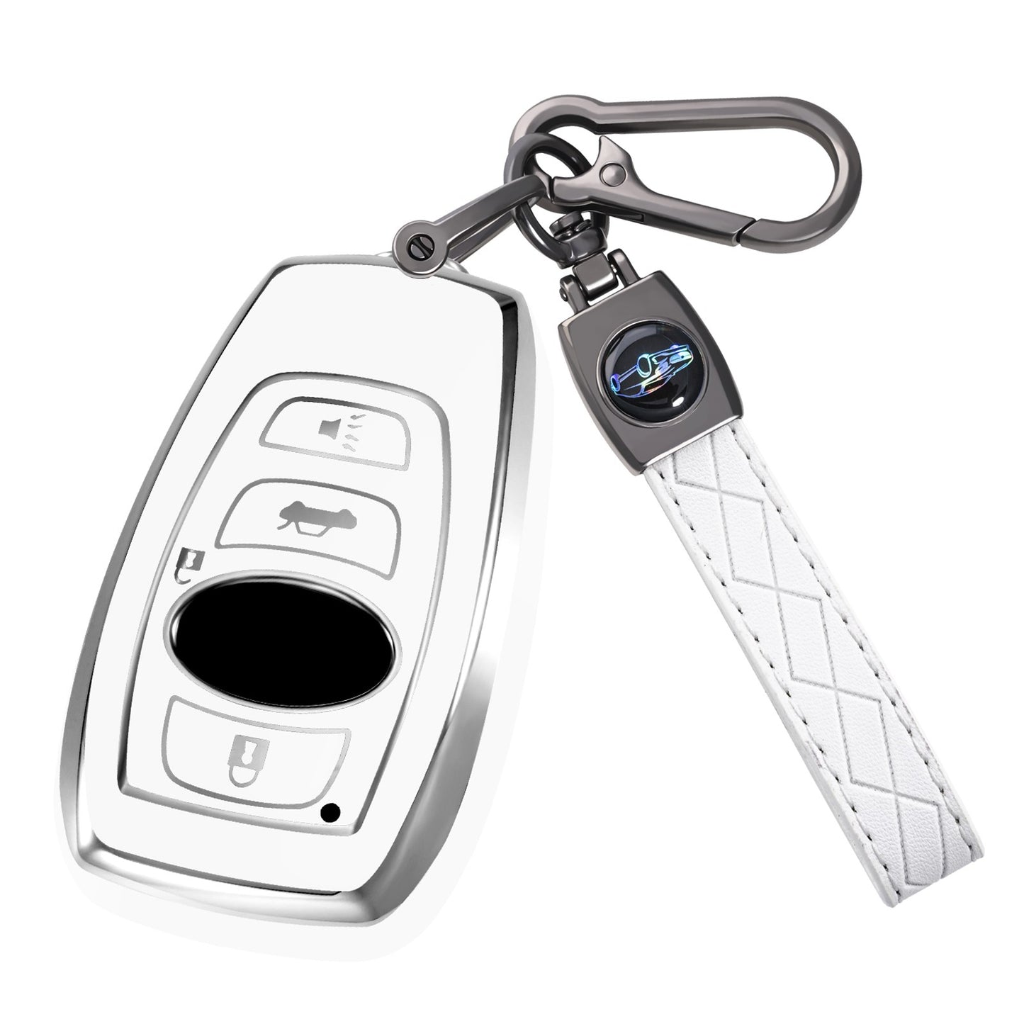 Silver Edge Car Key Case with Leather Key Chain for Subaru