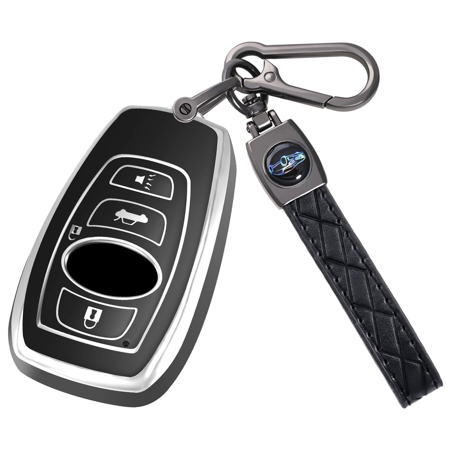 Silver Edge Car Key Case with Leather Key Chain for Subaru