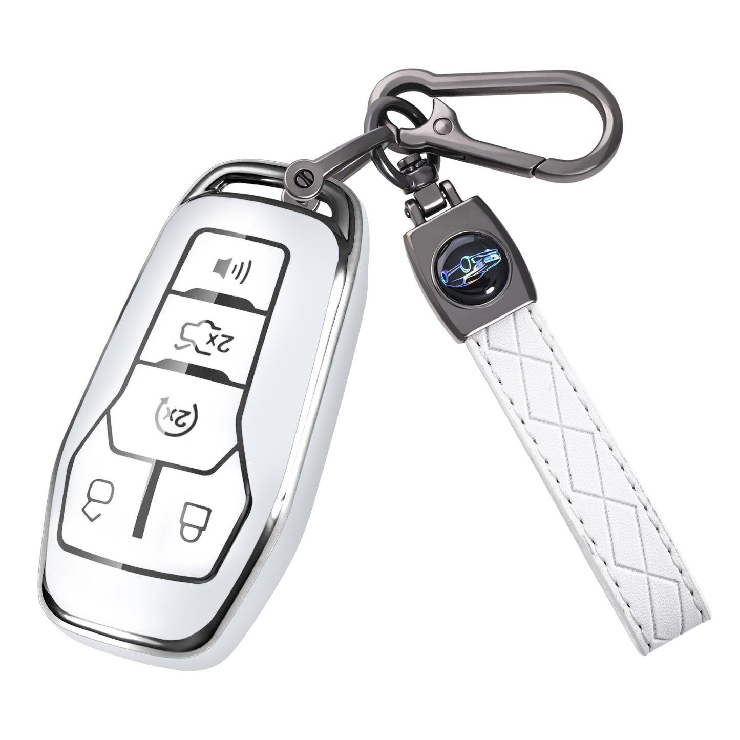 Silver Edge Car Key Case with Leather Key Chain for Ford A