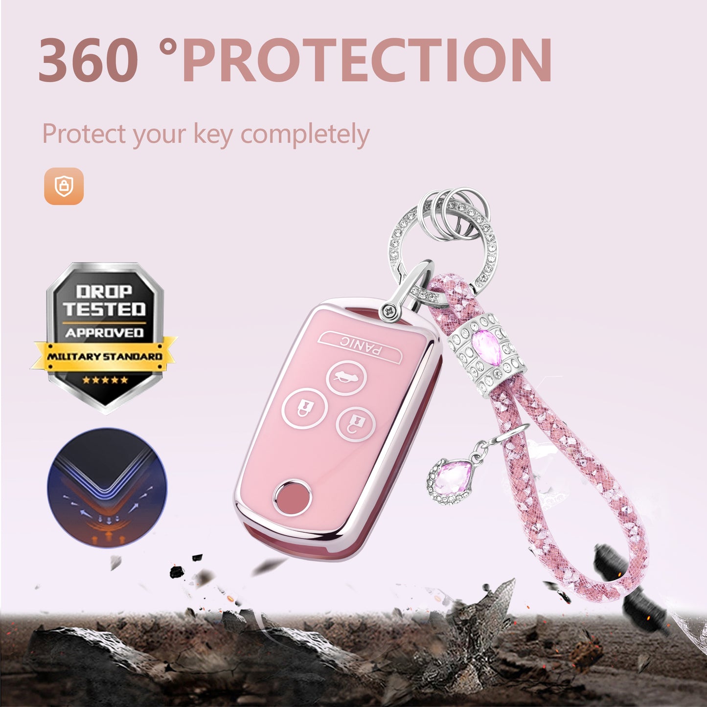 Pink Silver Car Key Cover with Pink Diamond Keychain