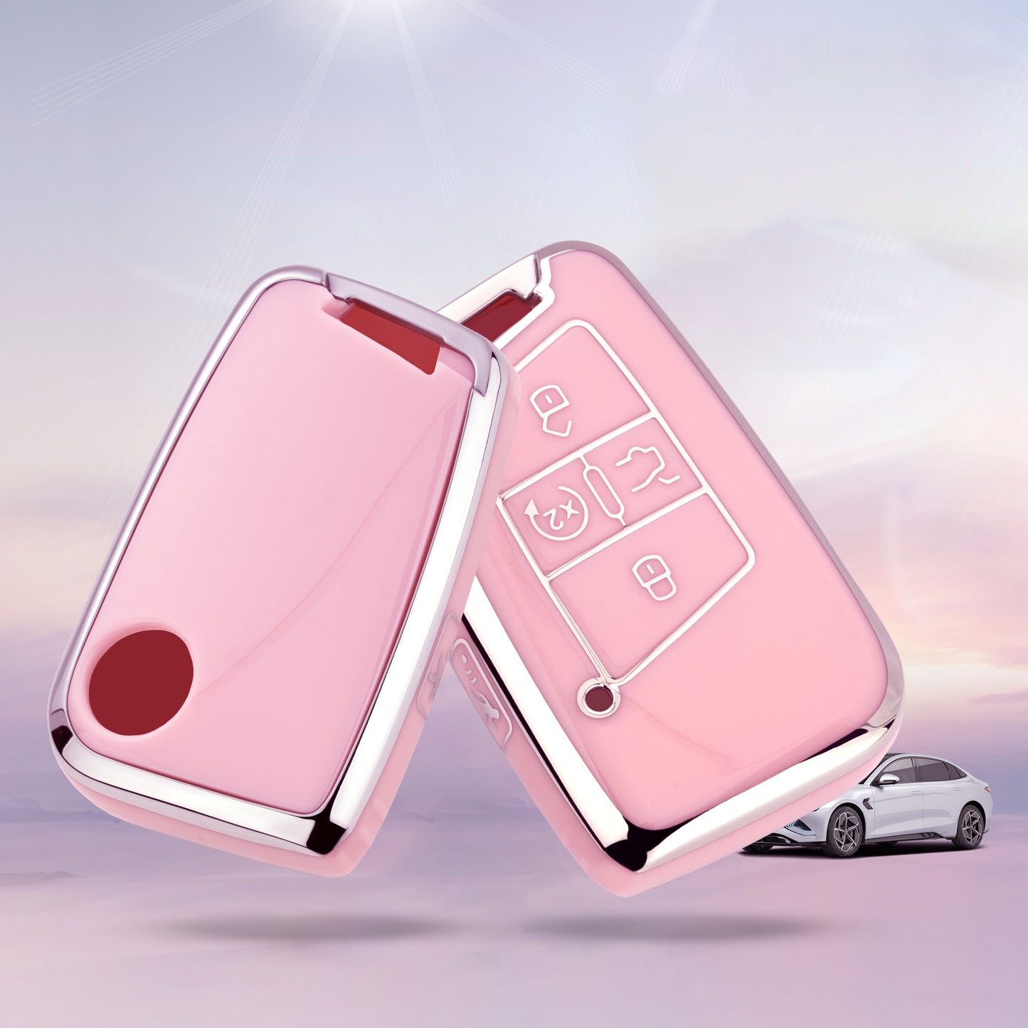 Pink Silver Car Key Cover with Pink Diamond Keychain