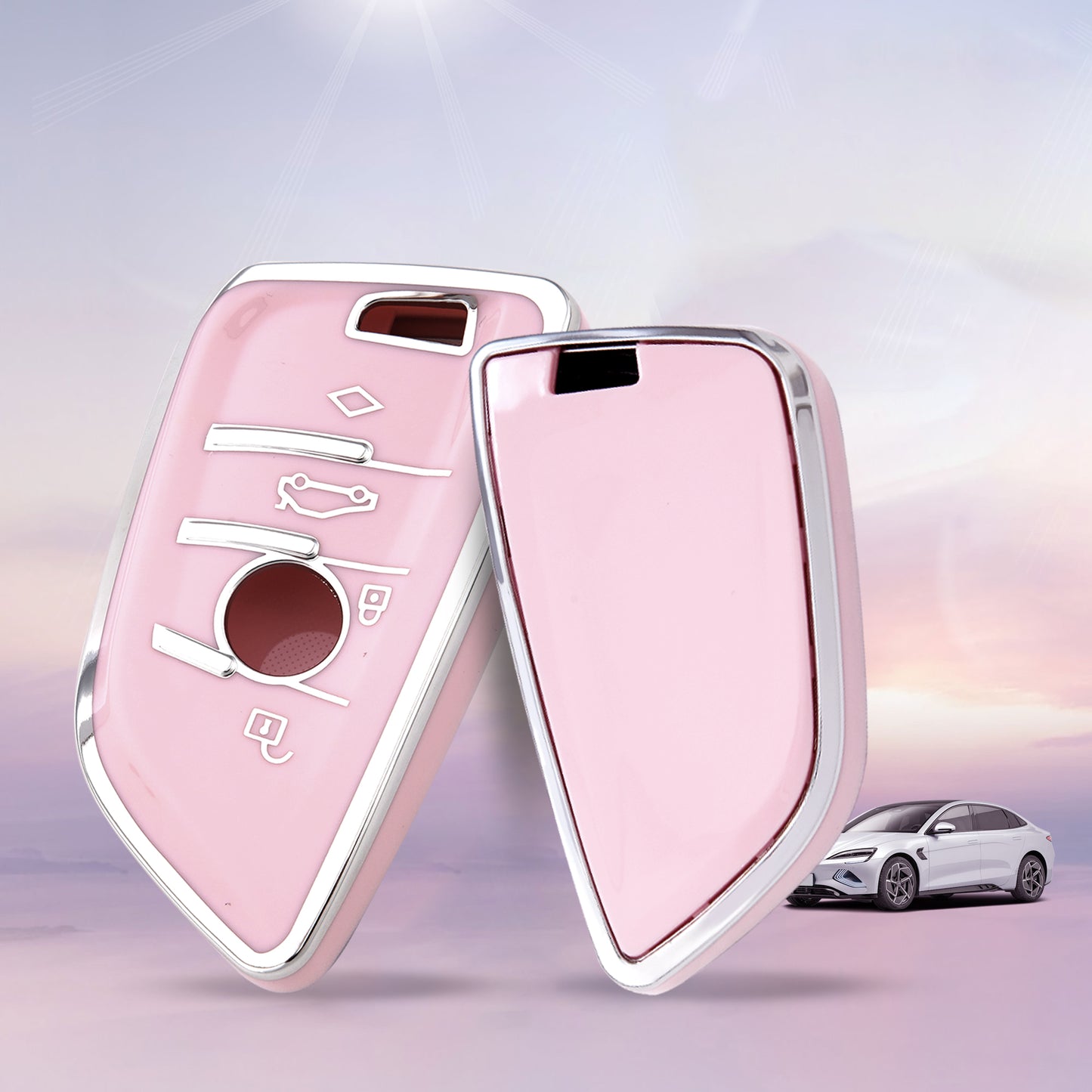 Pink Silver Car Key Cover with Pink Diamond Keychain