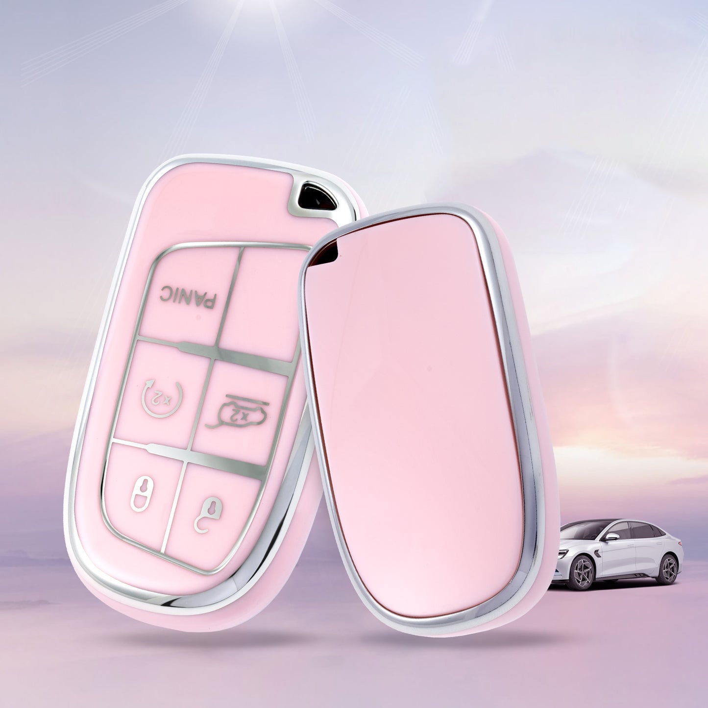 Pink Silver Car Key Cover with Pink Diamond Keychain