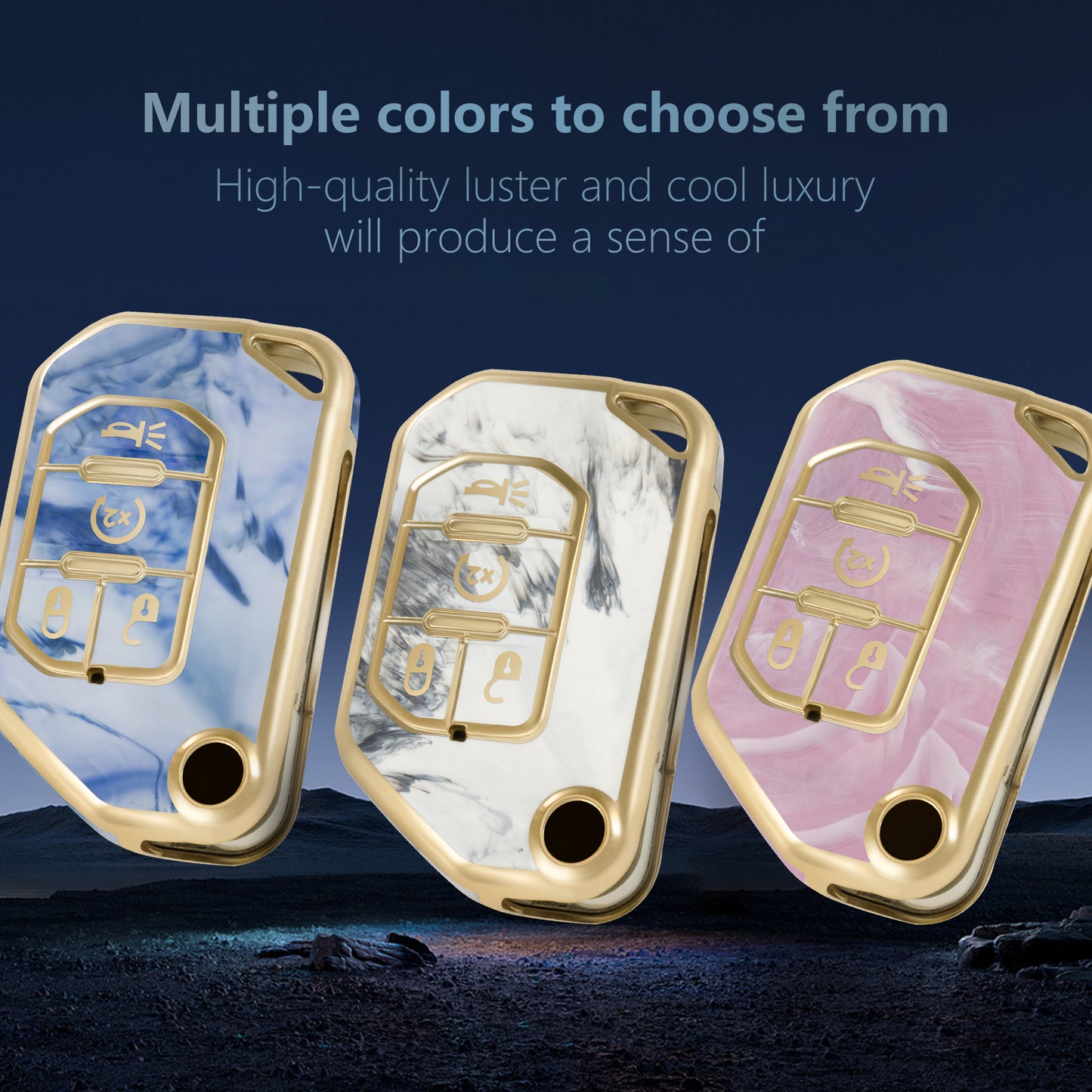 for Jeep Key Fob Cover with Diamond Gold Keychain, Key Shell Cover Compatible with 2018-2024 Wrangler JL Gladiator Sahara Smart Key Fob