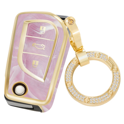 Key Fob Cover for Toyota 3-Button Flip Key, Compatible with Camry,Corolla, Highlander, and RAV4 , Fashion Key Shell with Diamond Gold Keychain