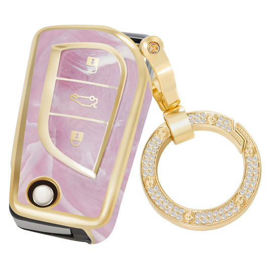 Key Fob Cover for Toyota 3-Button Flip Key, Compatible with Camry,Corolla, Highlander, and RAV4 , Fashion Key Shell with Diamond Gold Keychain