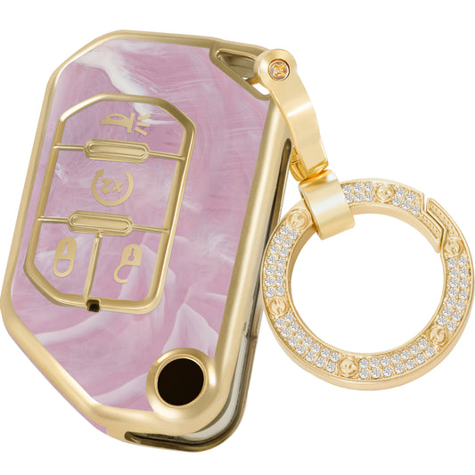 for Jeep Key Fob Cover with Diamond Gold Keychain, Key Shell Cover Compatible with 2018-2024 Wrangler JL Gladiator Sahara Smart Key Fob