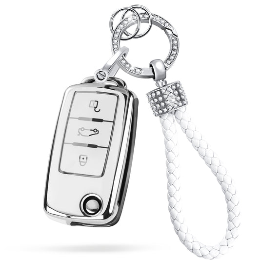 Silver White Key Fob Cover Car Key Case Shell with Keychain fit Jetta Beetle Tiguan Passat Golf