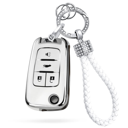 Silver White Key Fob Cover with Keychain fit Chevy Malibu Cruze Camaro Volt Equinox