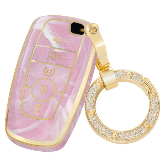 Key Fob Cover for Ford F-150 Raptor Explorer Escape Fusion Bronco Sport Edge Lincoln Corsair Nautilus, Fashion Key Shell with Diamond Gold Keychain