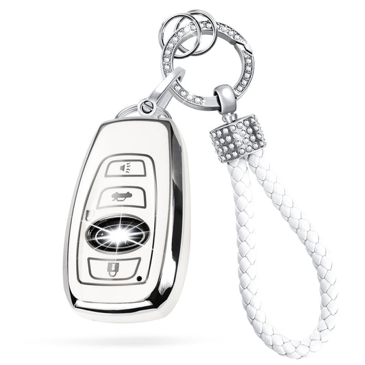 Silver White Key Fob Cover Car Key Case Shell with Keychain fit Forester CrossTrek Outback WRX Ascent BRZ Impreza Legacy