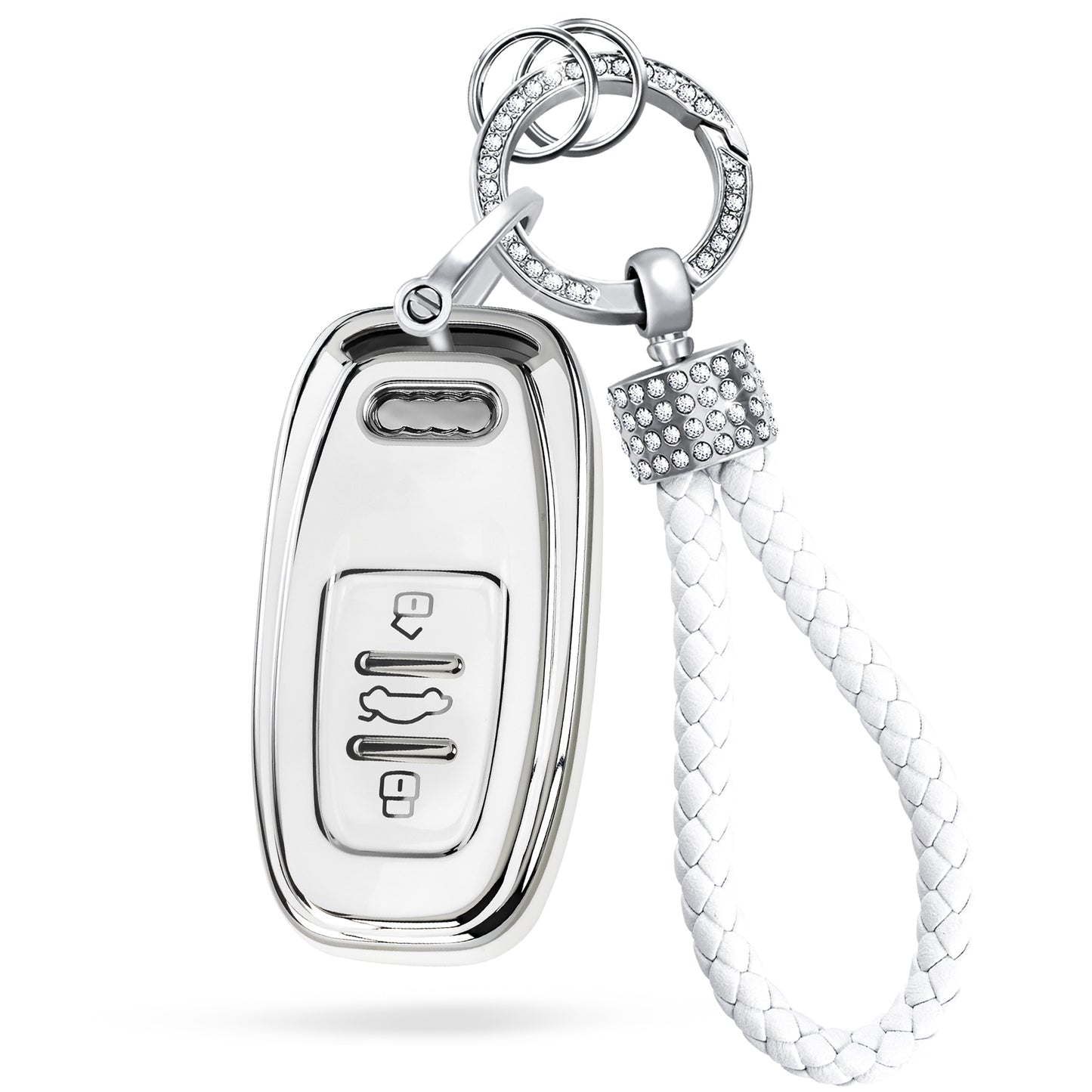 Silver White Key Fob Cover for Audi A3 A1 A6 Q2 Q3 Q7 TT TTS R8 S3 S6 RS3, Fashion Key Shell with Keychain