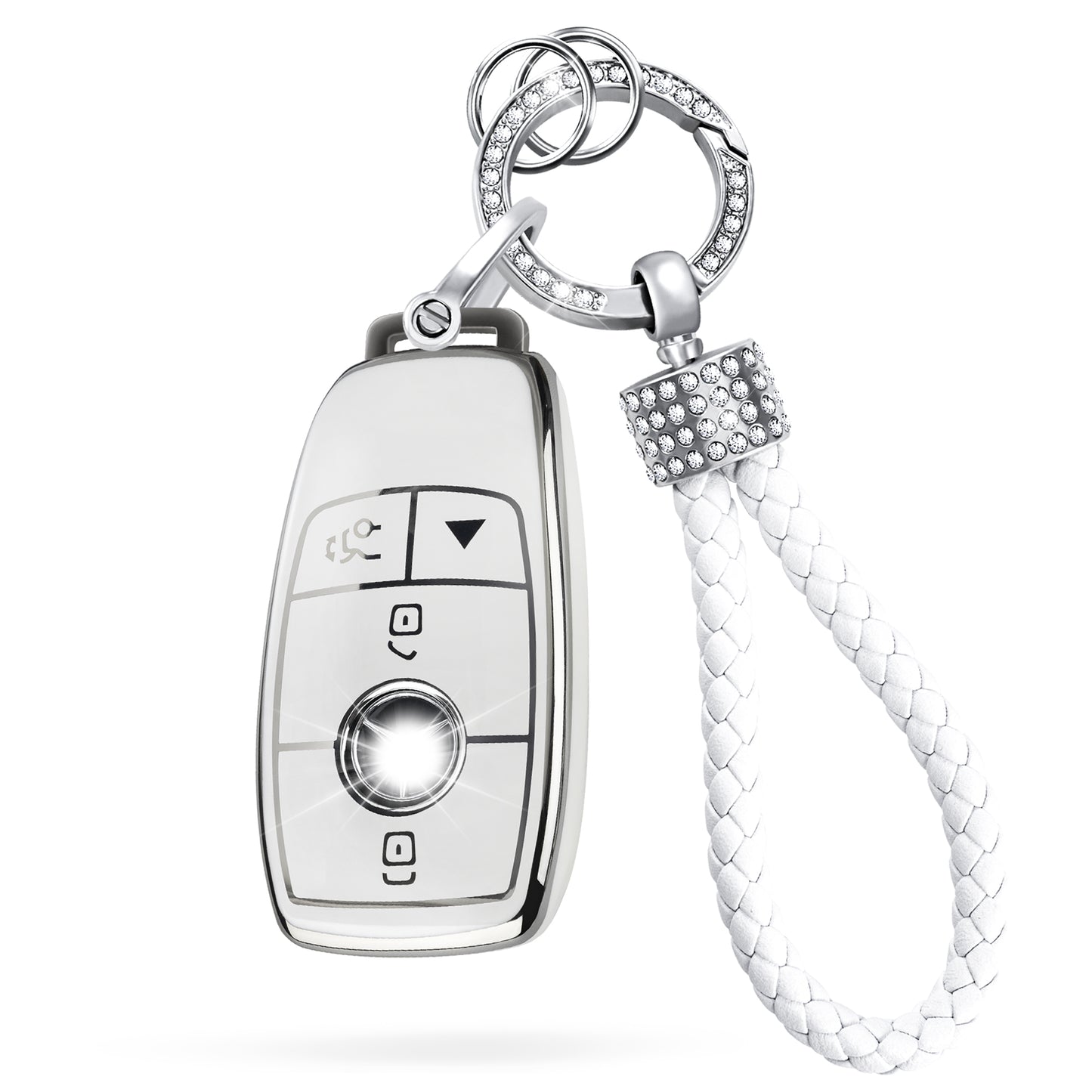 Silver White Key Fob Cover Car Key Case Shell with Keychain fit Mercedes Benz E S A C G Class