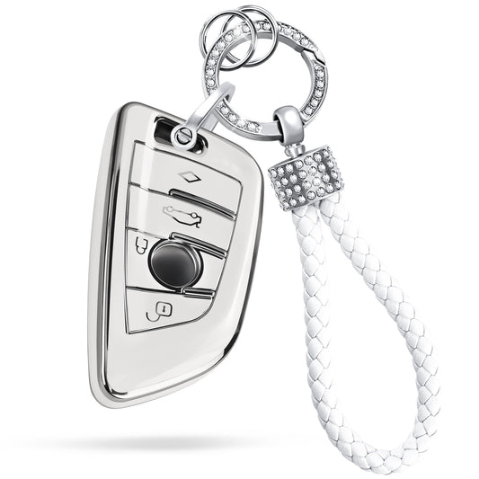 Silver White Key Fob Cover for BMW X1 X2 X3 X5 X6 X7 and Series 1 2 3 4 5 6 7 8 with Keychain