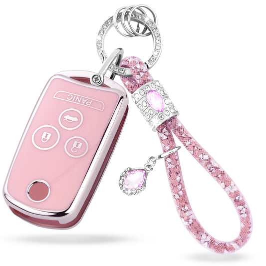 Pink Silver Car Key Cover with Pink Diamond Keychain