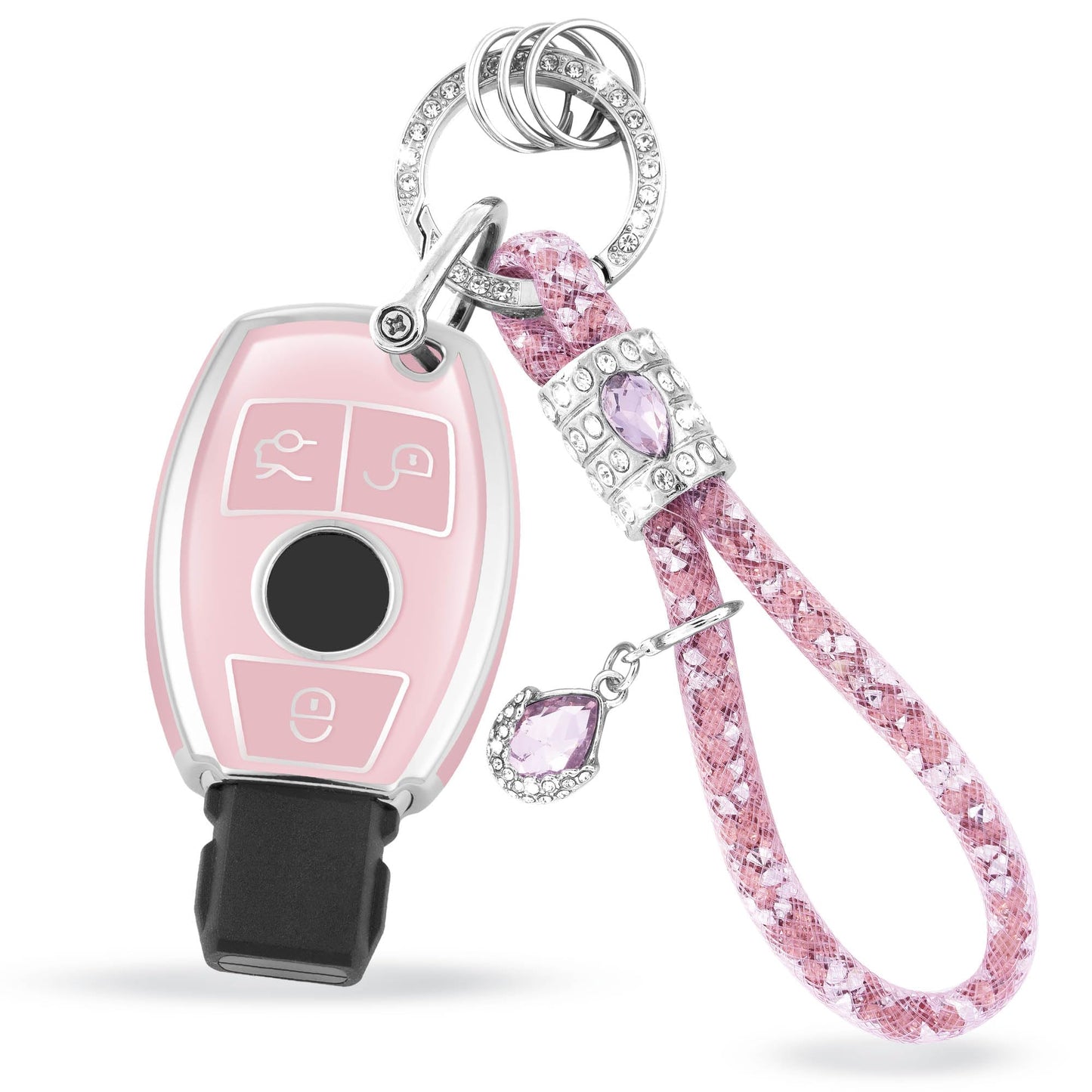 Pink Silver Car Key Cover with Pink Diamond Keychain