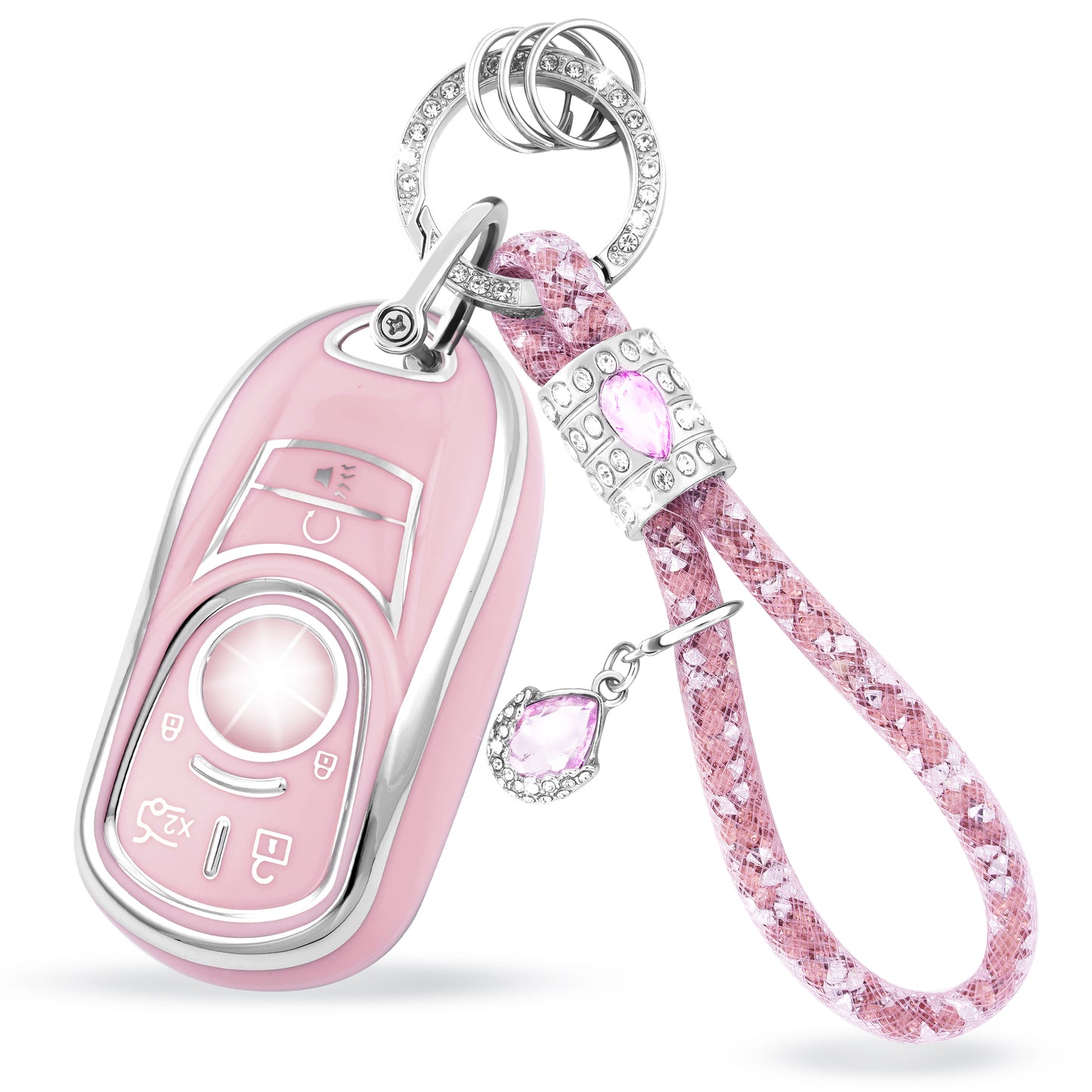 Pink Silver Car Key Cover with Pink Diamond Keychain