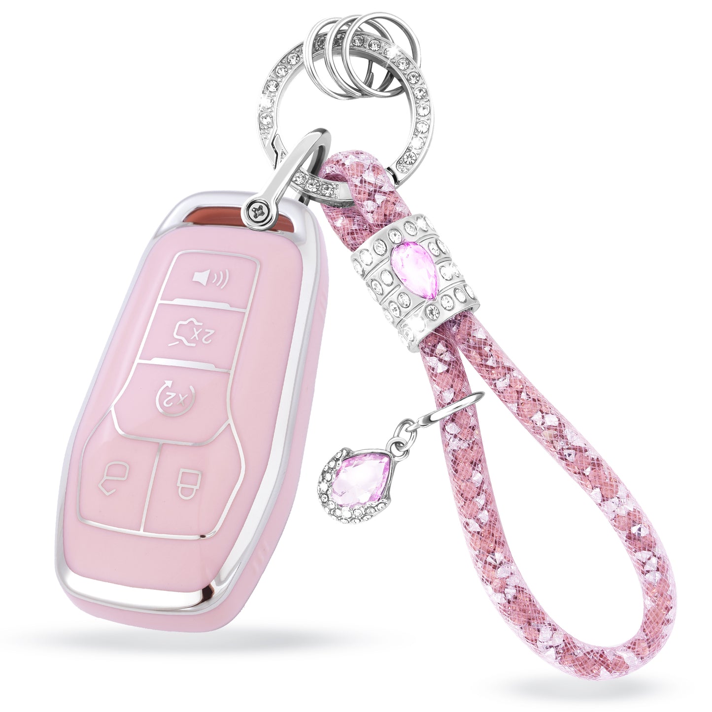 Pink Silver Car Key Cover with Pink Diamond Keychain