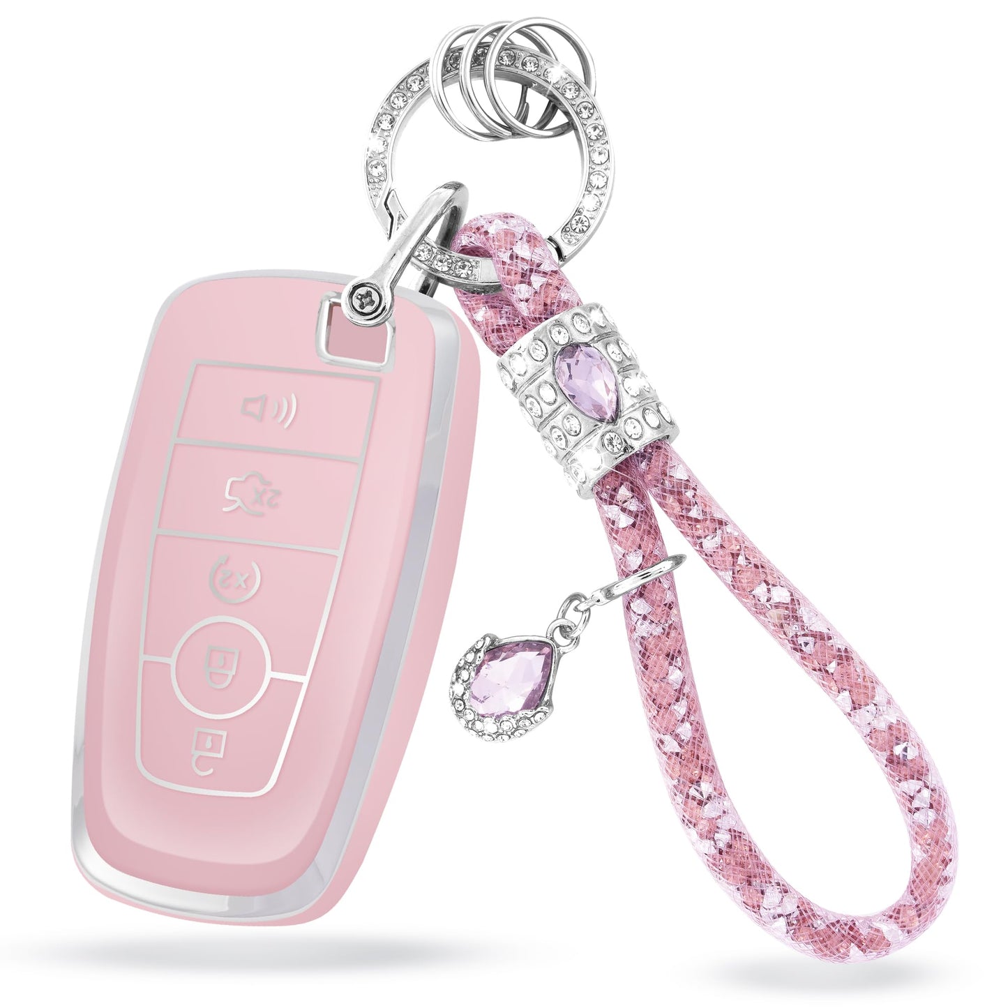 Pink Silver Car Key Cover with Pink Diamond Keychain