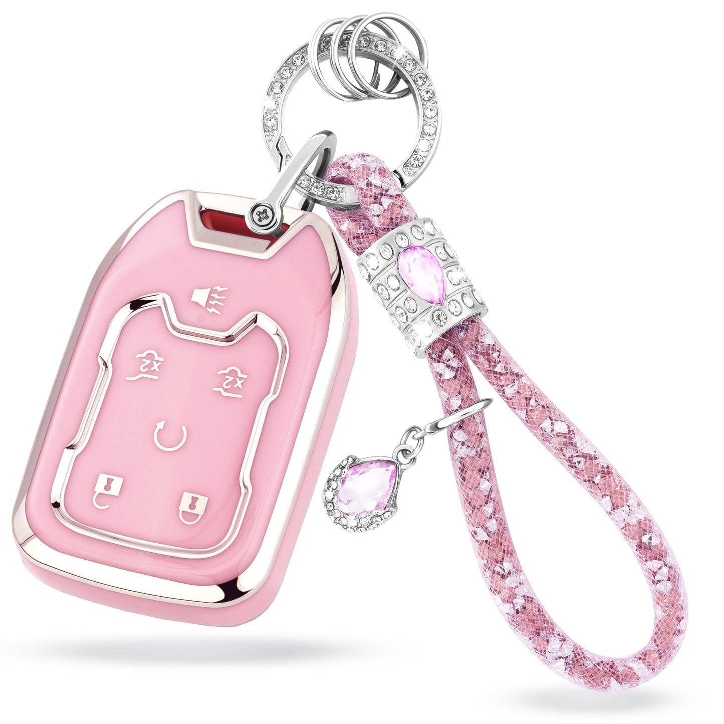 Pink Silver Car Key Cover with Pink Diamond Keychain