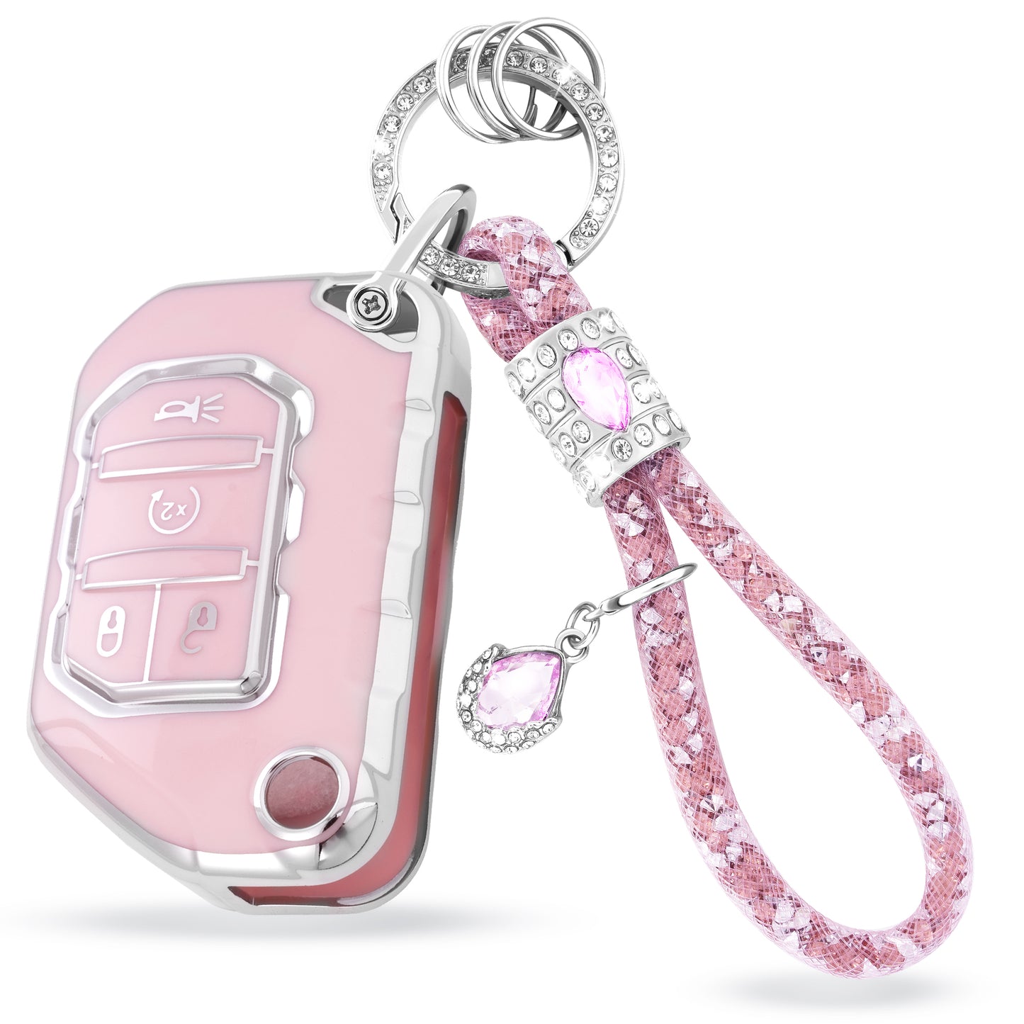 Pink Silver Car Key Cover with Pink Diamond Keychain