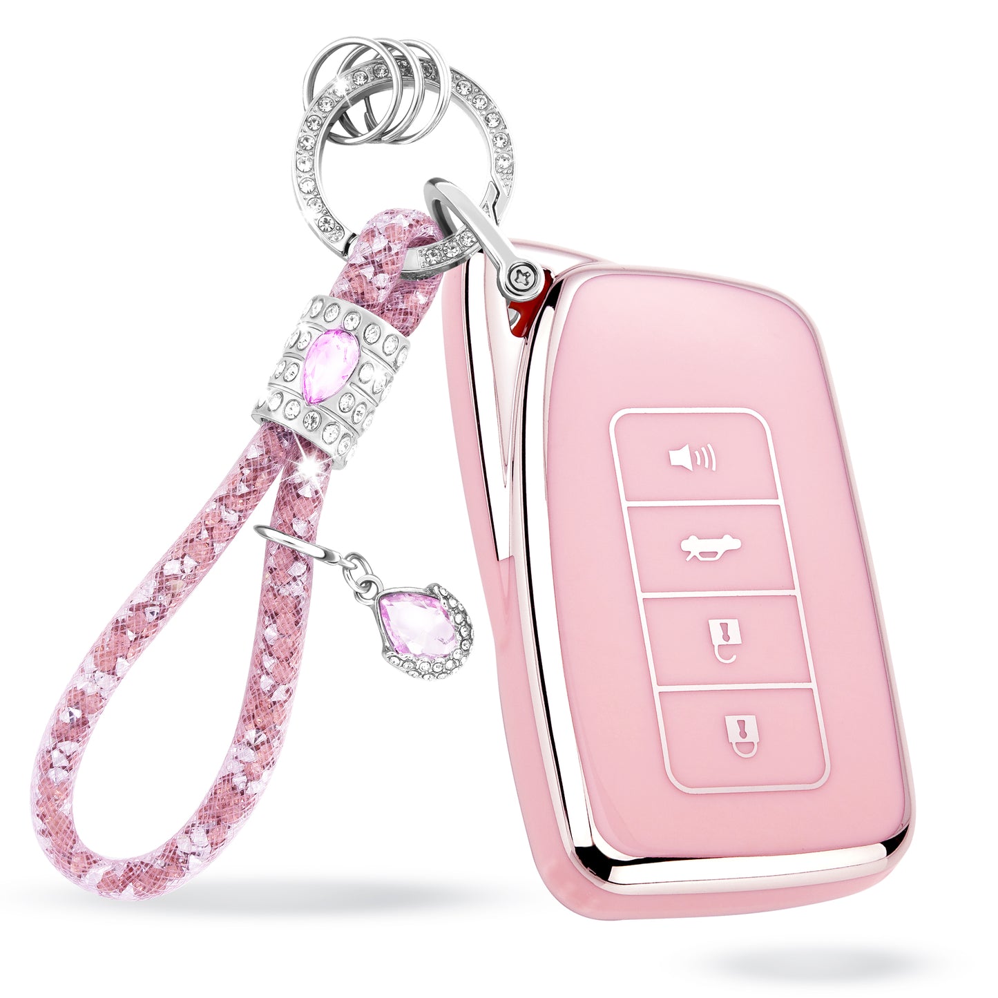 Pink Silver Car Key Cover with Pink Diamond Keychain