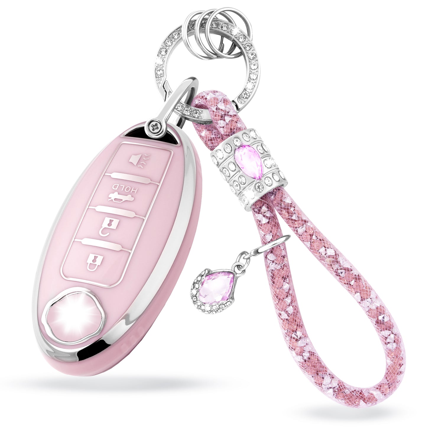 Pink Silver Car Key Cover with Pink Diamond Keychain