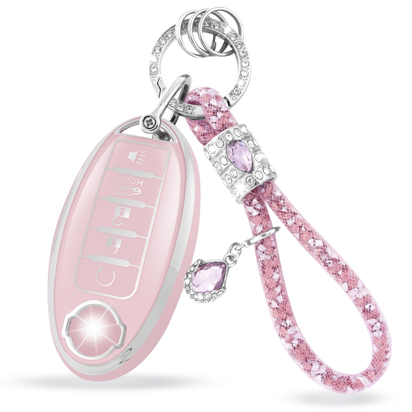 Pink Silver Car Key Cover with Pink Diamond Keychain