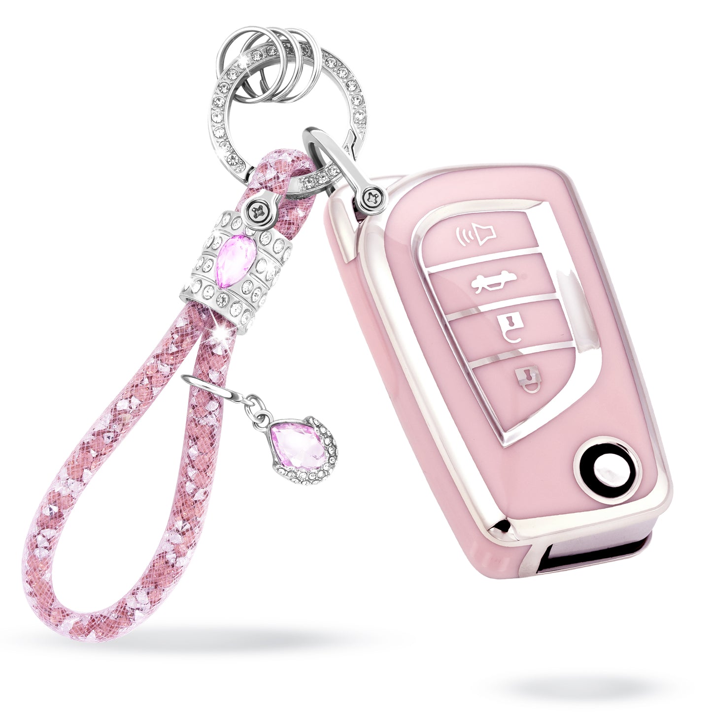 Pink Silver Car Key Cover with Pink Diamond Keychain