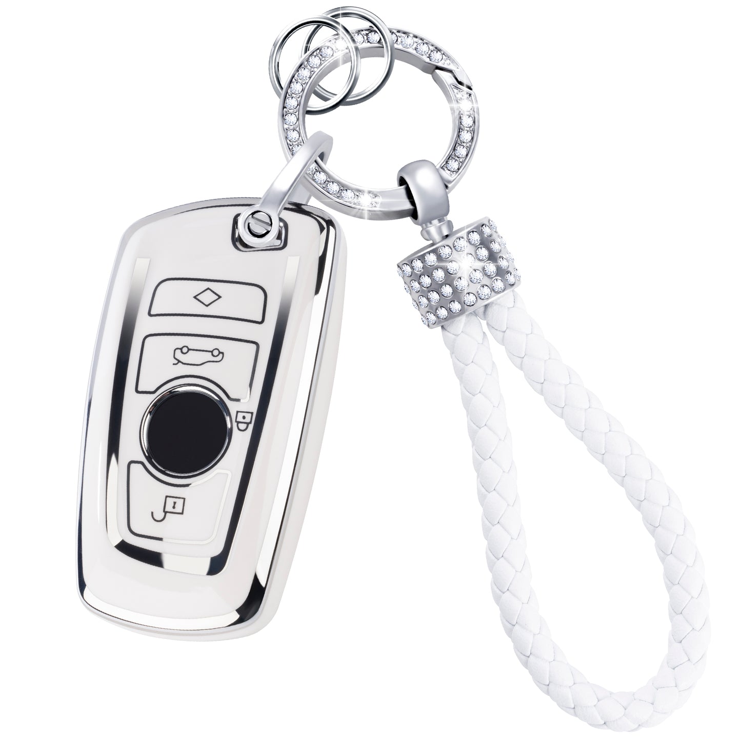 Silver White Key Fob Cover with Keychain for BMW 1 3 4 5 6 7 Series X3 X4 M5 M6 GT3 GT5