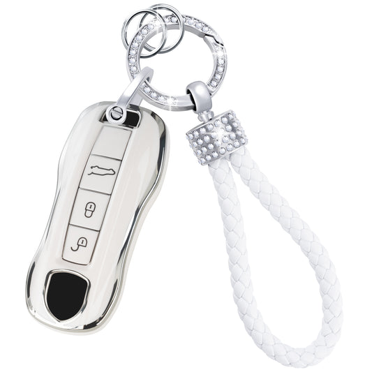 Silver White Key Fob Cover for Porsche Macan Cayenne Panamera 911 Boxster Cayman 718, Fashion Key Shell with Diamond Keychain