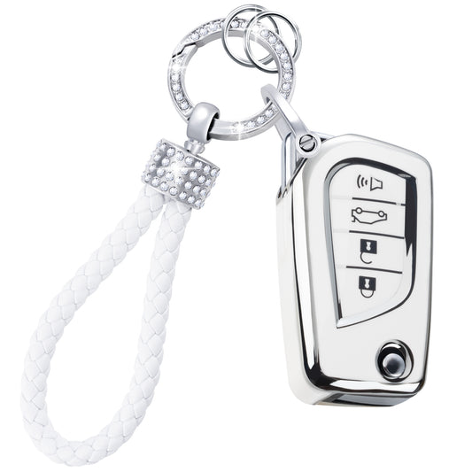 Silver White Key Fob Cover for Toyota with Gold Keychain Key Shell fit Camry RAV4 Corolla