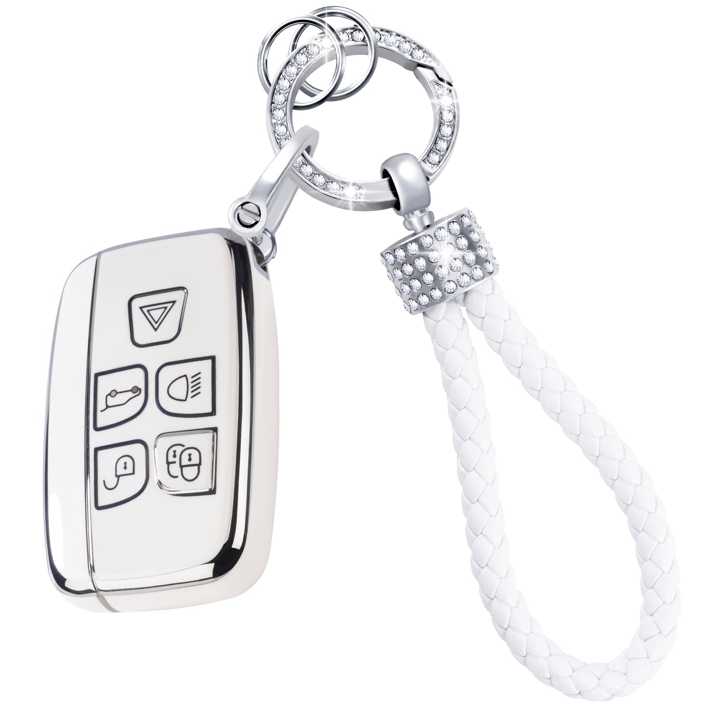 Silver White Key Fob Cover Case Shell with Keychain fit Range Rover Evoque Velar Sport Discovery Freelander2 LR4 Land Rover Sport