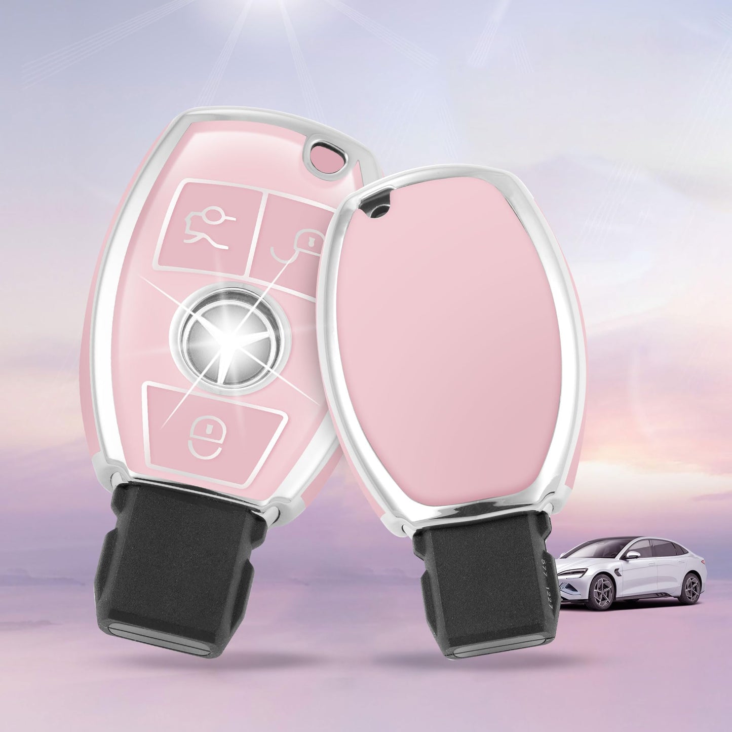 Pink Silver Car Key Cover with Pink Diamond Keychain