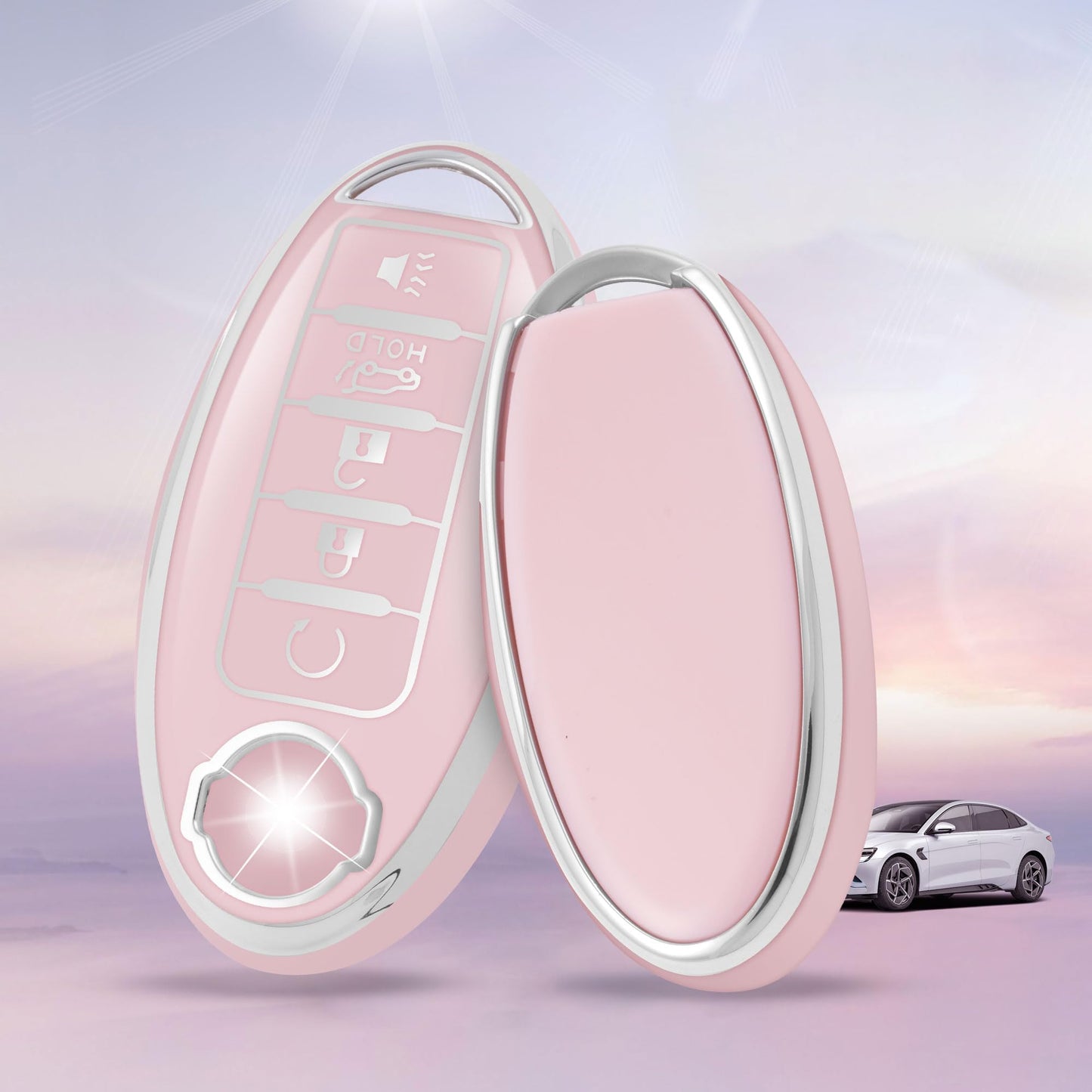 Pink Silver Car Key Cover with Pink Diamond Keychain