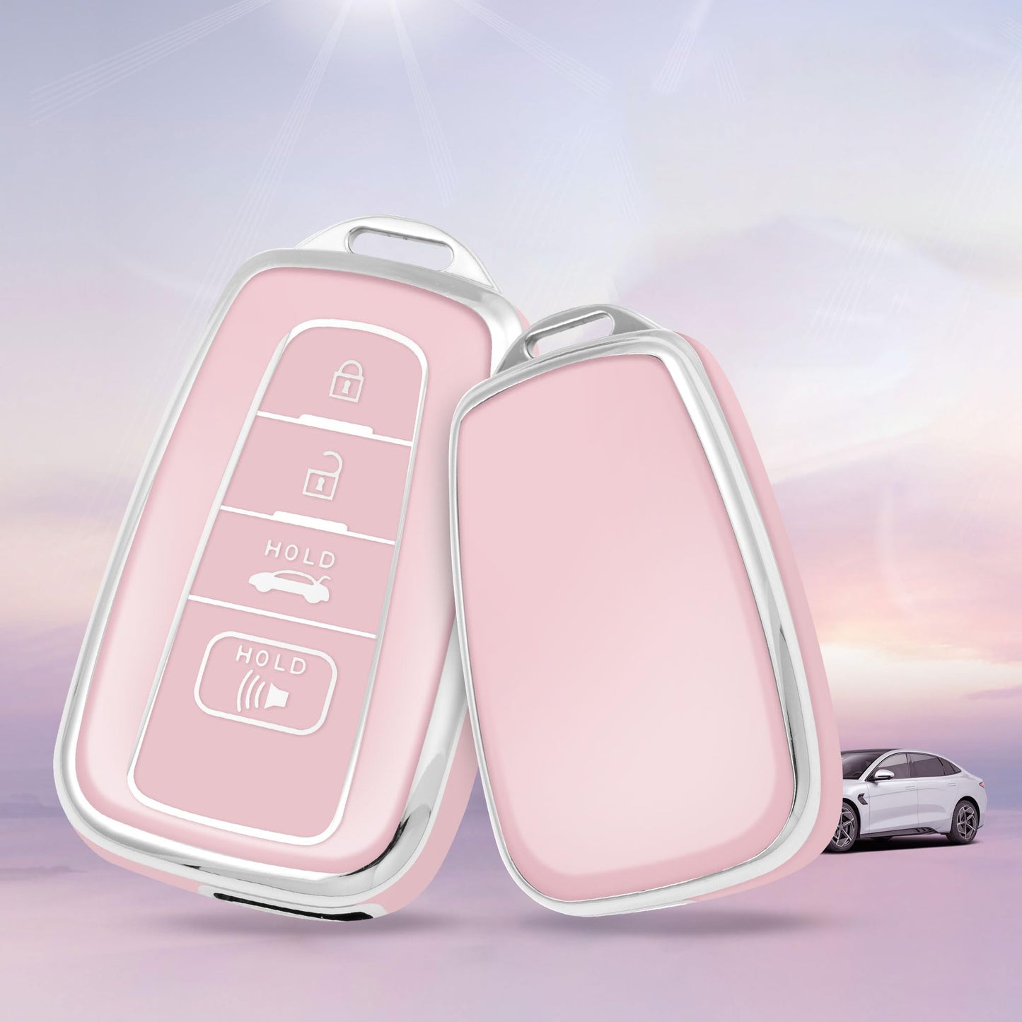 Pink Silver Car Key Cover with Pink Diamond Keychain