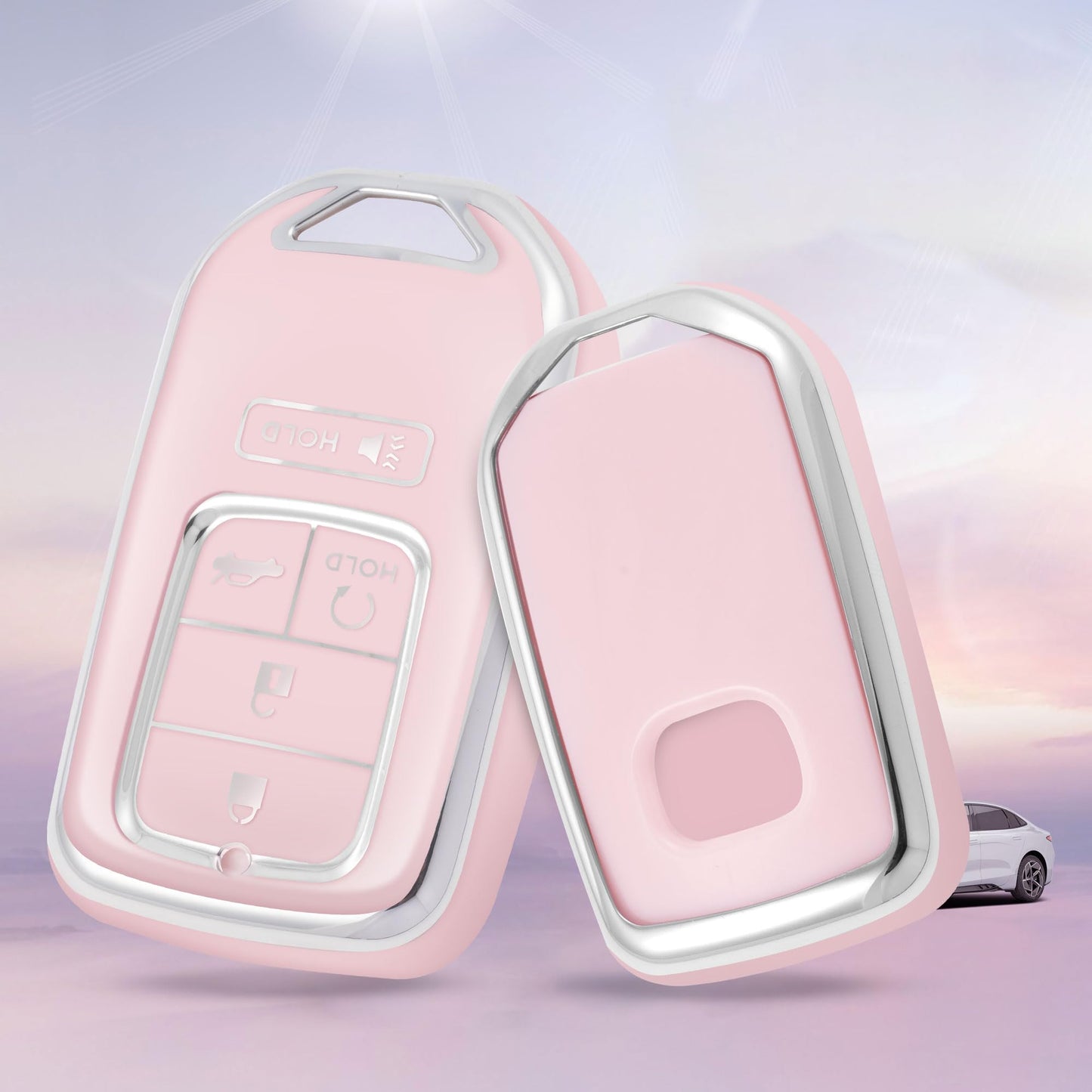 Pink Silver Car Key Cover with Pink Diamond Keychain