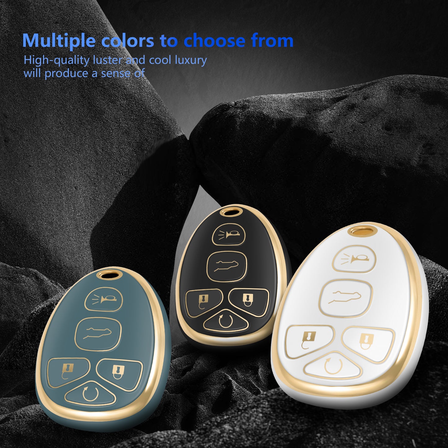 Key Fob Cover for Chevy Suburban Tahoe for Cadillac Escalade with Gold Keychain (5-Buttons)