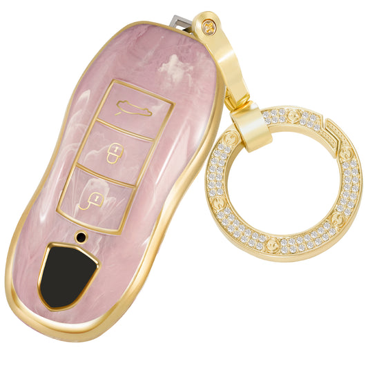 Key Fob Cover for Porsche Macan Cayenne Panamera 911 Boxster Cayman 718, Fashion Key Shell with Diamond Gold Keychain