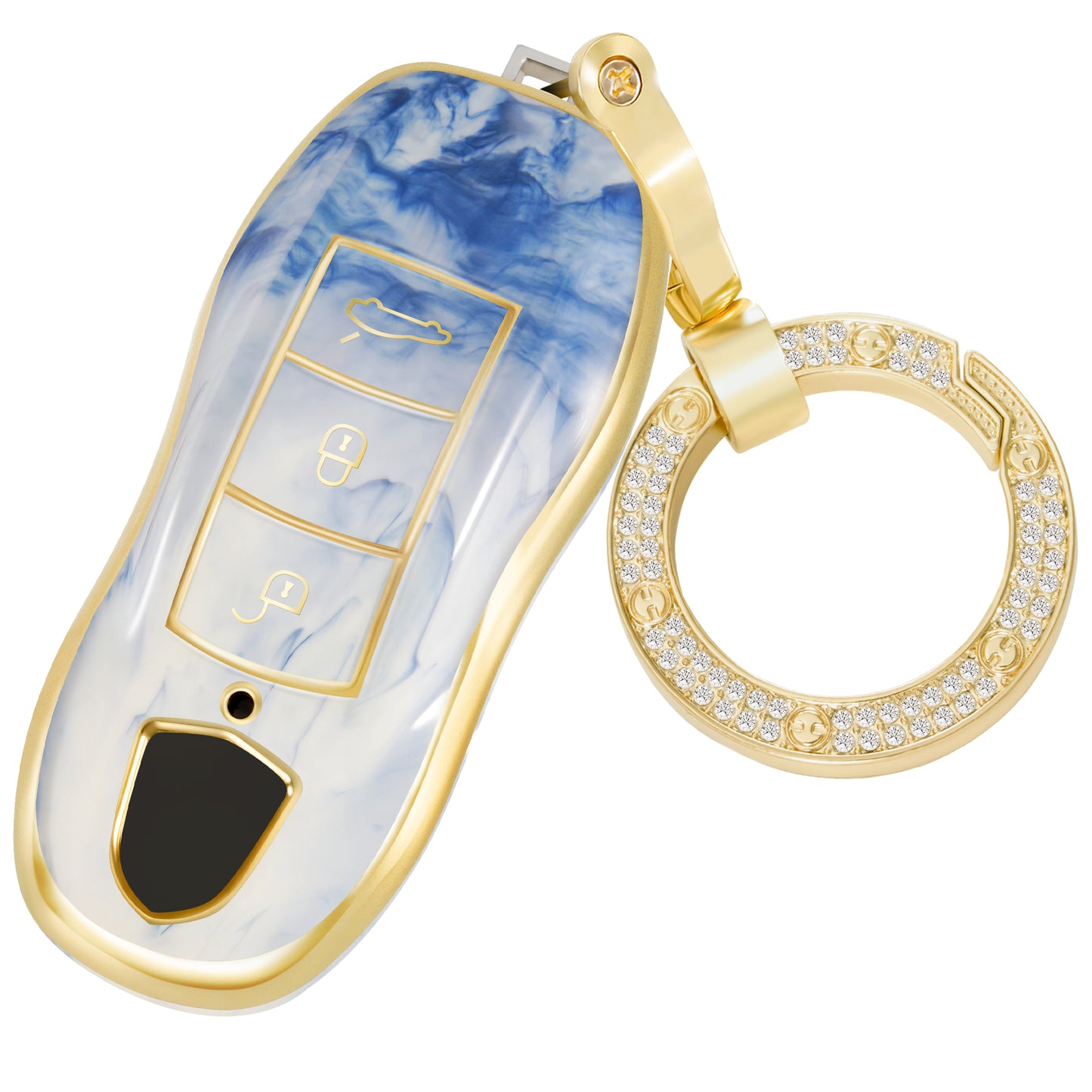 Key Fob Cover for Porsche Macan Cayenne Panamera 911 Boxster Cayman 718, Fashion Key Shell with Diamond Gold Keychain