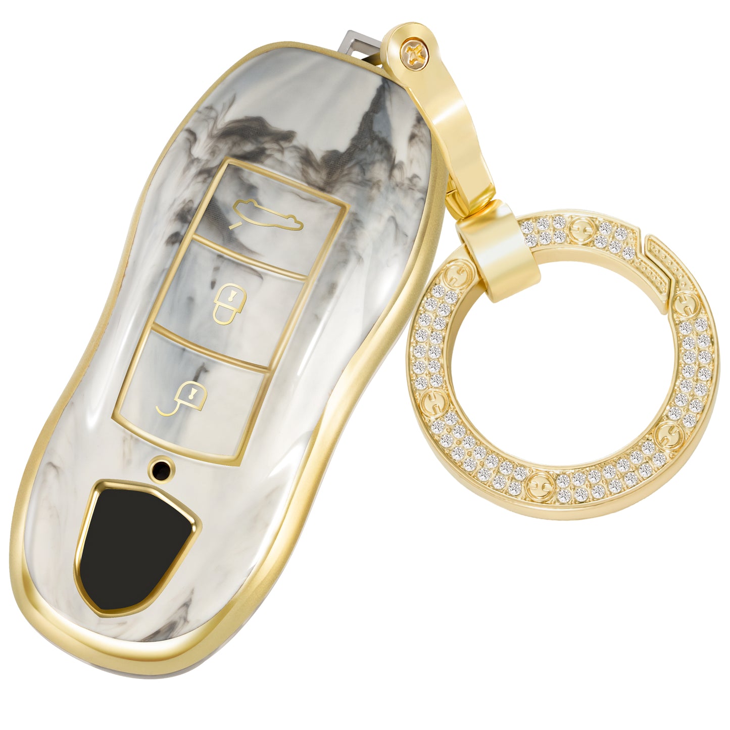 Key Fob Cover for Porsche Macan Cayenne Panamera 911 Boxster Cayman 718, Fashion Key Shell with Diamond Gold Keychain