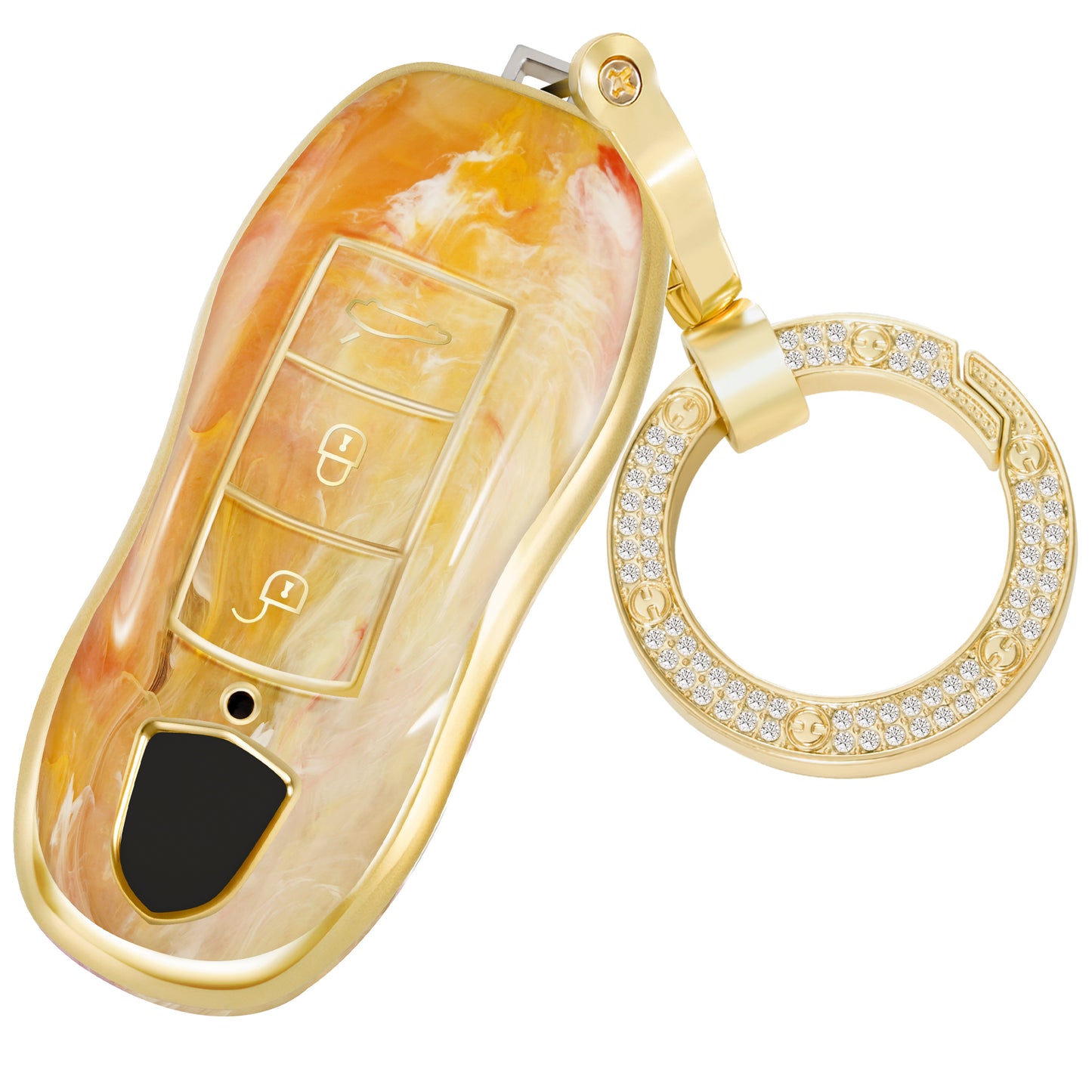 Key Fob Cover for Porsche Macan Cayenne Panamera 911 Boxster Cayman 718, Fashion Key Shell with Diamond Gold Keychain