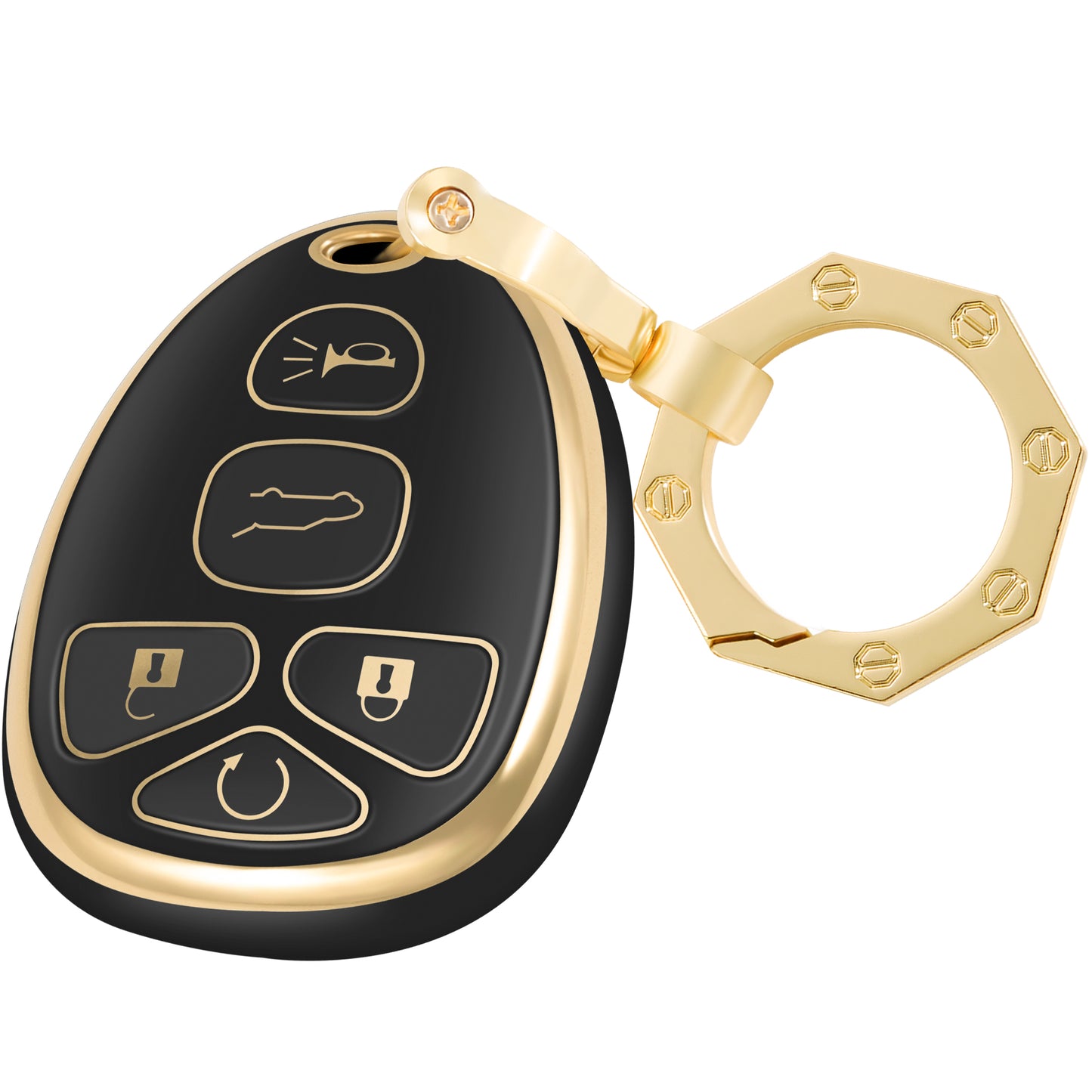 Key Fob Cover for Chevy Suburban Tahoe for Cadillac Escalade with Gold Keychain (5-Buttons)