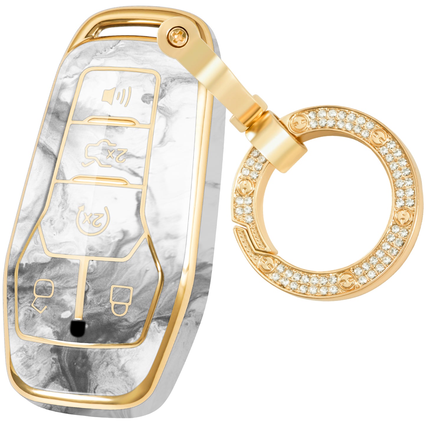 Key Fob Cover for Ford Mustang Edge Explorer F150 Mondeo, Fashion Key Shell with Diamond Gold Keychain