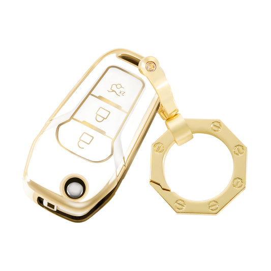 For Ford Key Fob Cover Case Shell with Gold Key chain fit Ford F150 F250 Focus Escort Fusion Ranger